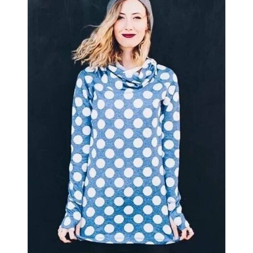 Betabrand Size M Cowl Neck Sweatshirt Tunic Blue White Polka Dot - Picture 2 of 10